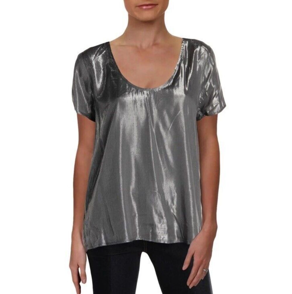 NWT Velvet Graham Spencer Agatha Silver Short Sleeve Scoop Neck Top Women Medium